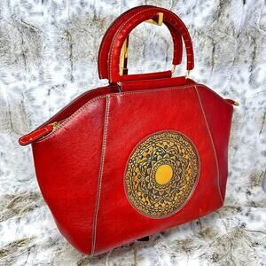 Red Leather Boho Artisan Structured Satchel Purse Vintagecore Festival Bag